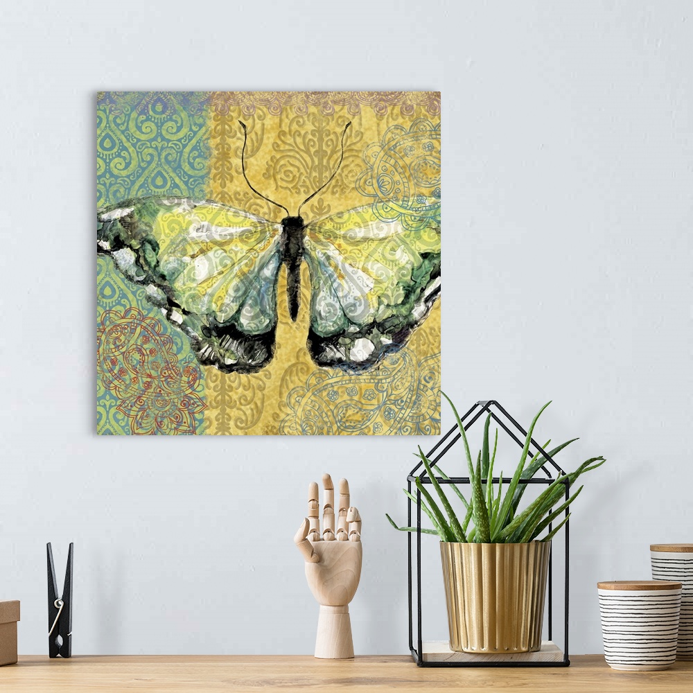 A bohemian room featuring Yellow and green butterfly on colorful ornate background