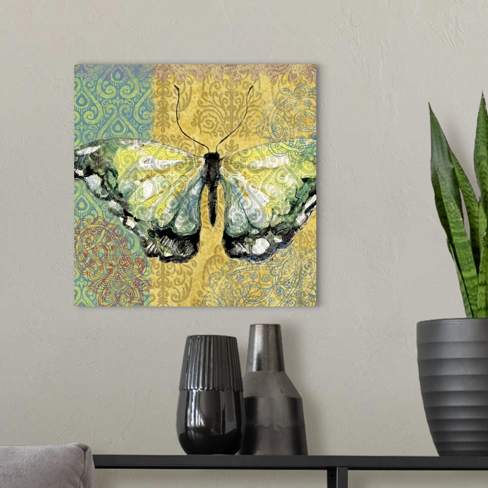 A modern room featuring Yellow and green butterfly on colorful ornate background
