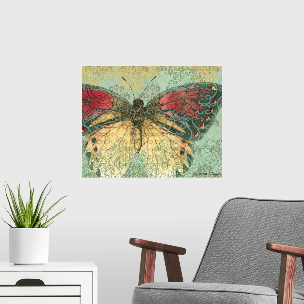 A modern room featuring Butterfly With Decorative Wings On Ornate Background