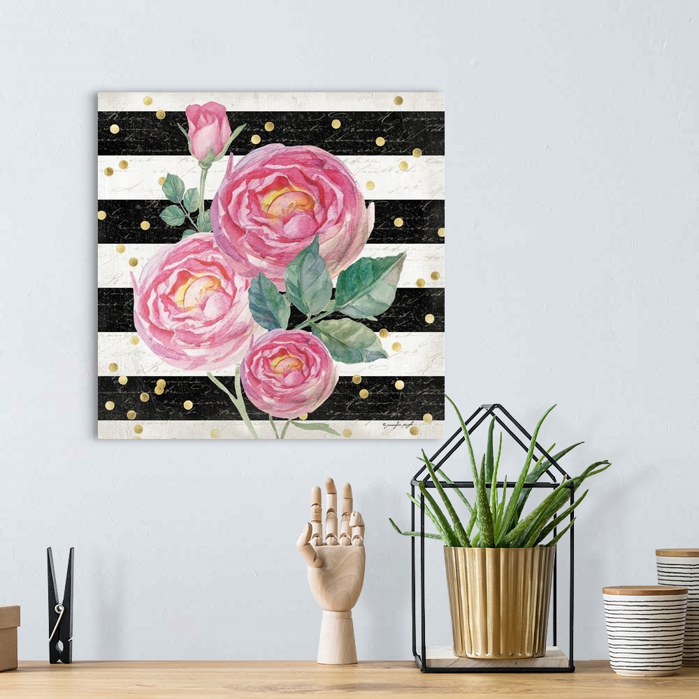 A bohemian room featuring Contemporary artwork of colorful flowers against a black and white striped background with golden...