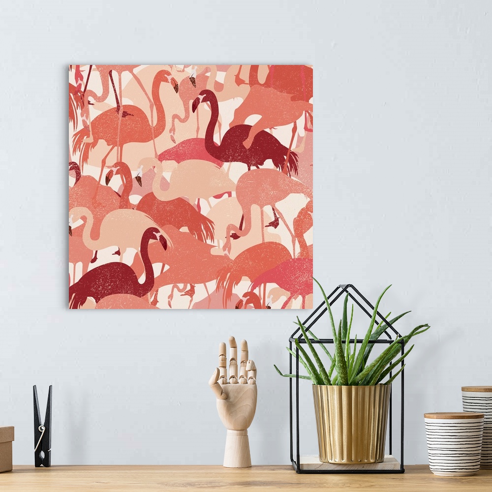 A bohemian room featuring Flamingos are given the Camo treatment in this fun and bold piece of art.