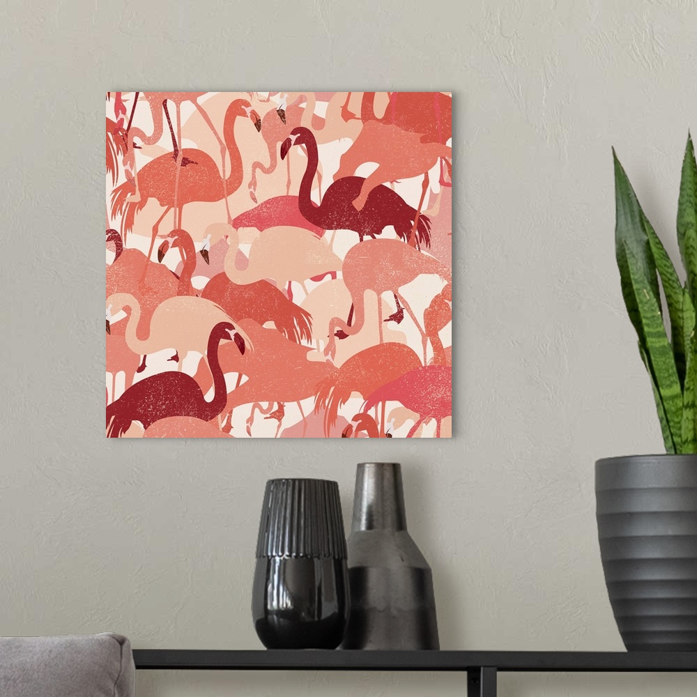 A modern room featuring Flamingos are given the Camo treatment in this fun and bold piece of art.