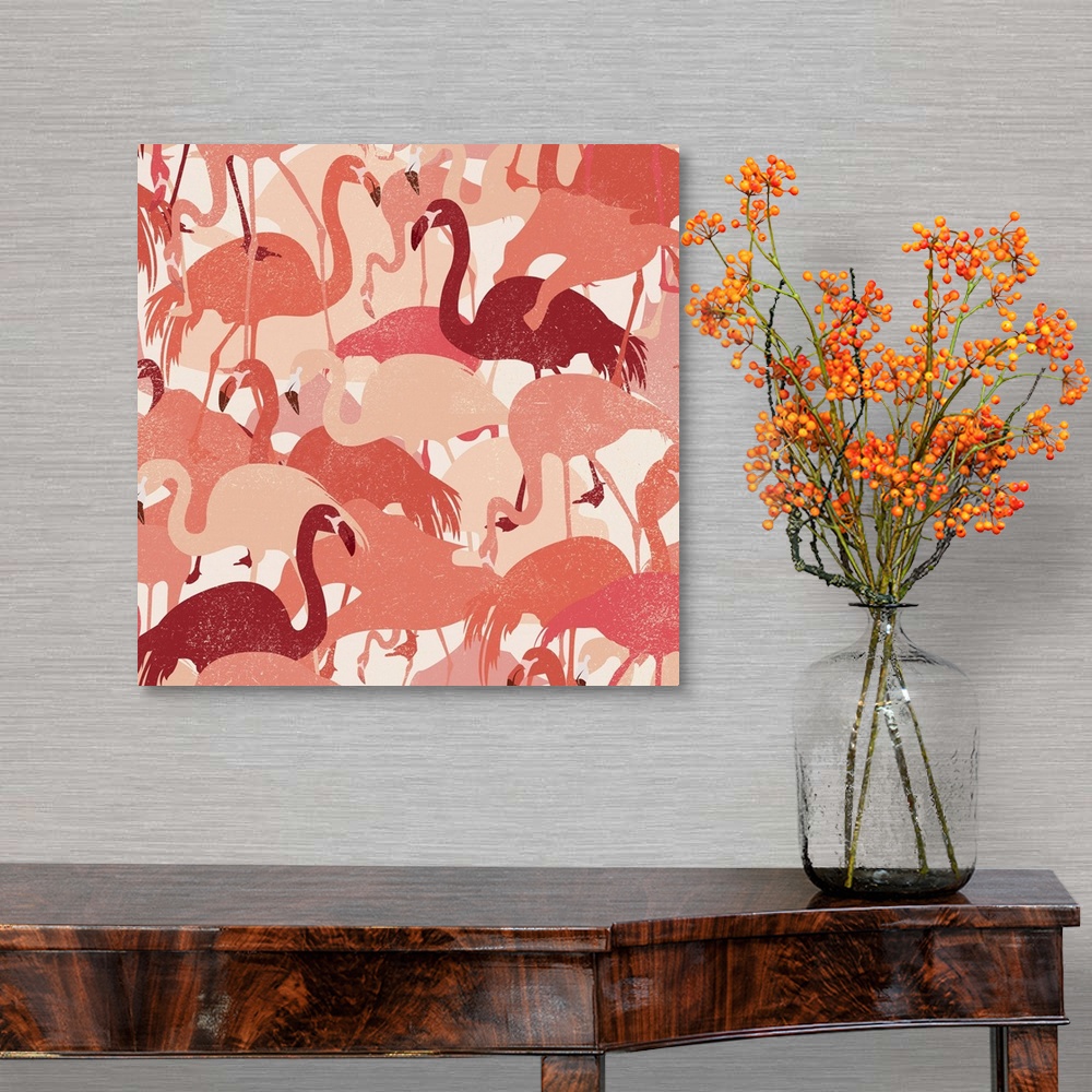 A traditional room featuring Flamingos are given the Camo treatment in this fun and bold piece of art.