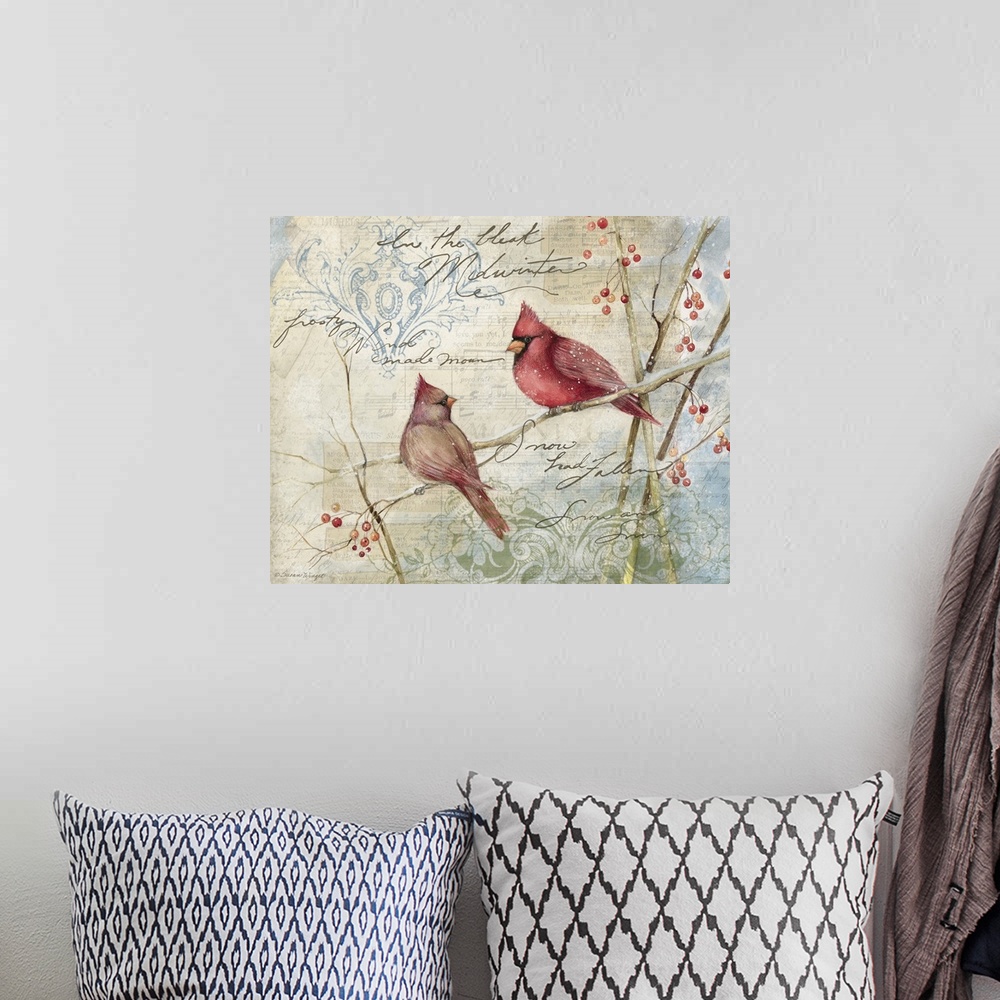 A bohemian room featuring Loose, sketchbook art treatment of the beautiful cardinal is lovely for any decor