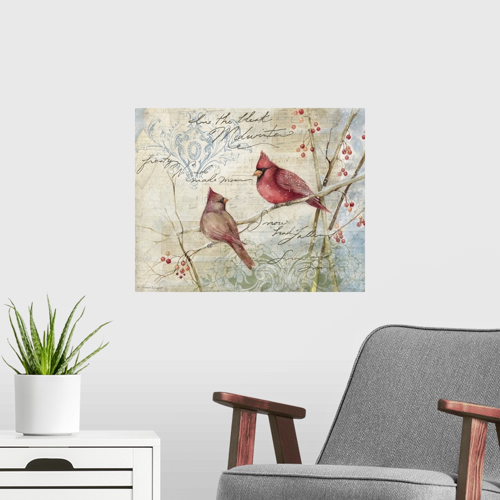 A modern room featuring Loose, sketchbook art treatment of the beautiful cardinal is lovely for any decor