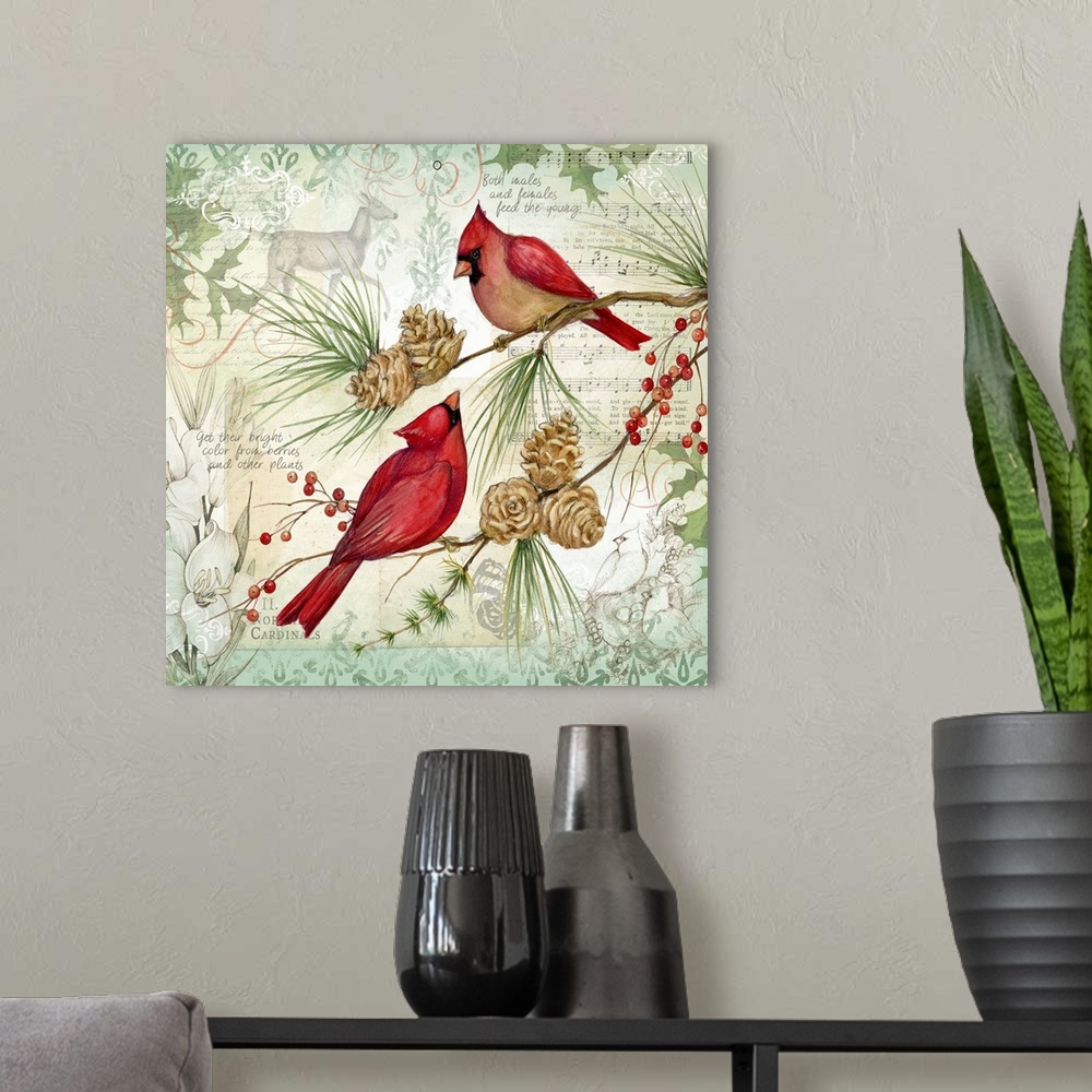 A modern room featuring Botanical bird scene brinks the beauty of nature into your winter holiday decor.