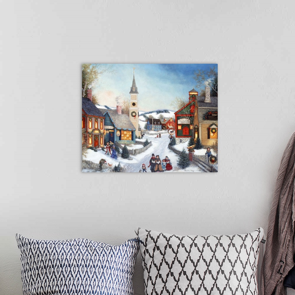 A bohemian room featuring A contemporary painting of a countryside village scene at Christmas.