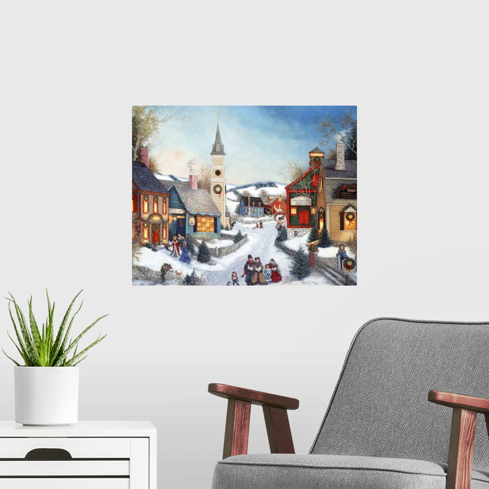 A modern room featuring A contemporary painting of a countryside village scene at Christmas.