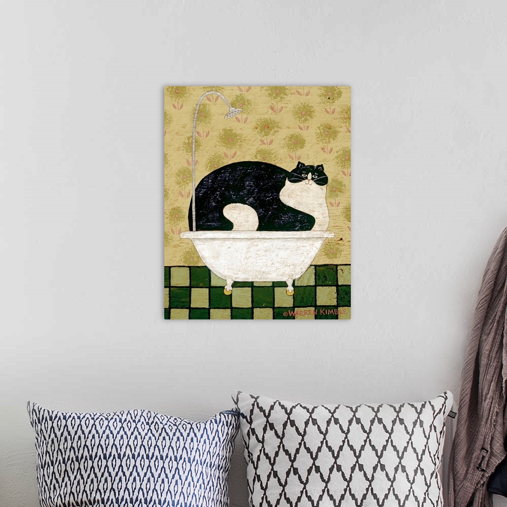 A bohemian room featuring Whimsical country bathroom artwork of a very large cat taking up an entire bath tub with a tiled ...