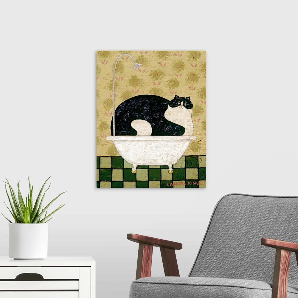 A modern room featuring Whimsical country bathroom artwork of a very large cat taking up an entire bath tub with a tiled ...