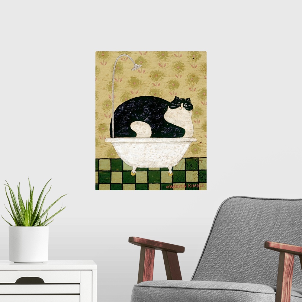 A modern room featuring Whimsical country bathroom artwork of a very large cat taking up an entire bath tub with a tiled ...