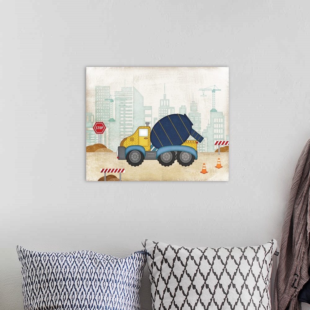 A bohemian room featuring Children's artwork of a cement truck parked at a construction site with a distressed texture thro...