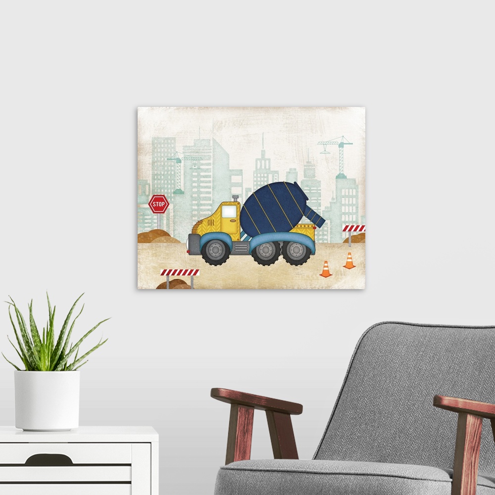 A modern room featuring Children's artwork of a cement truck parked at a construction site with a distressed texture thro...