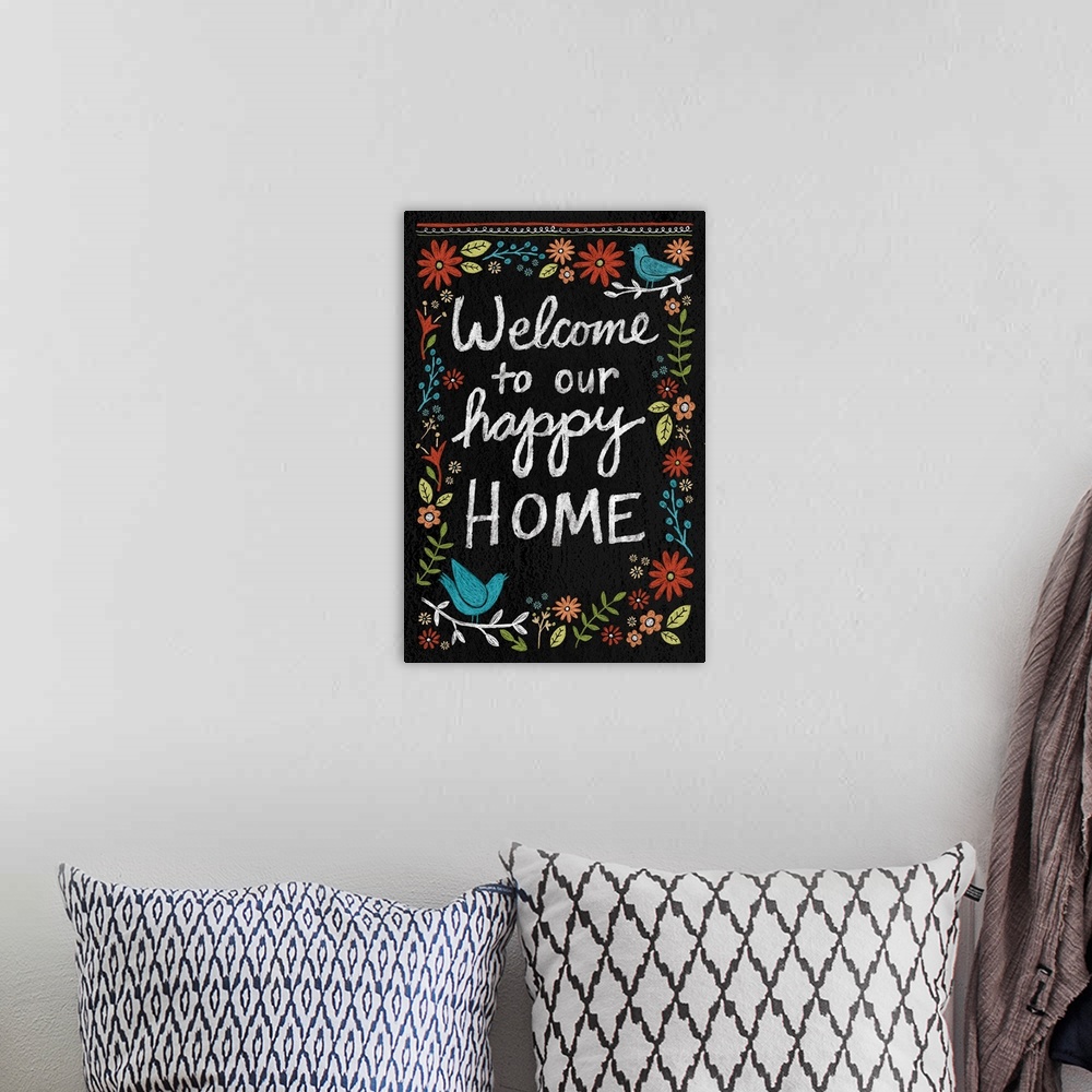 A bohemian room featuring Chalkboard art with a homespun message!