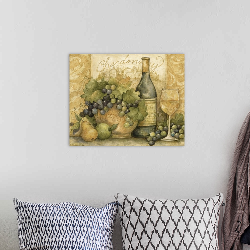 A bohemian room featuring Napa-inspired food and wine painting with wine bottle, wine glass, grapes, apples, pears, and bow...