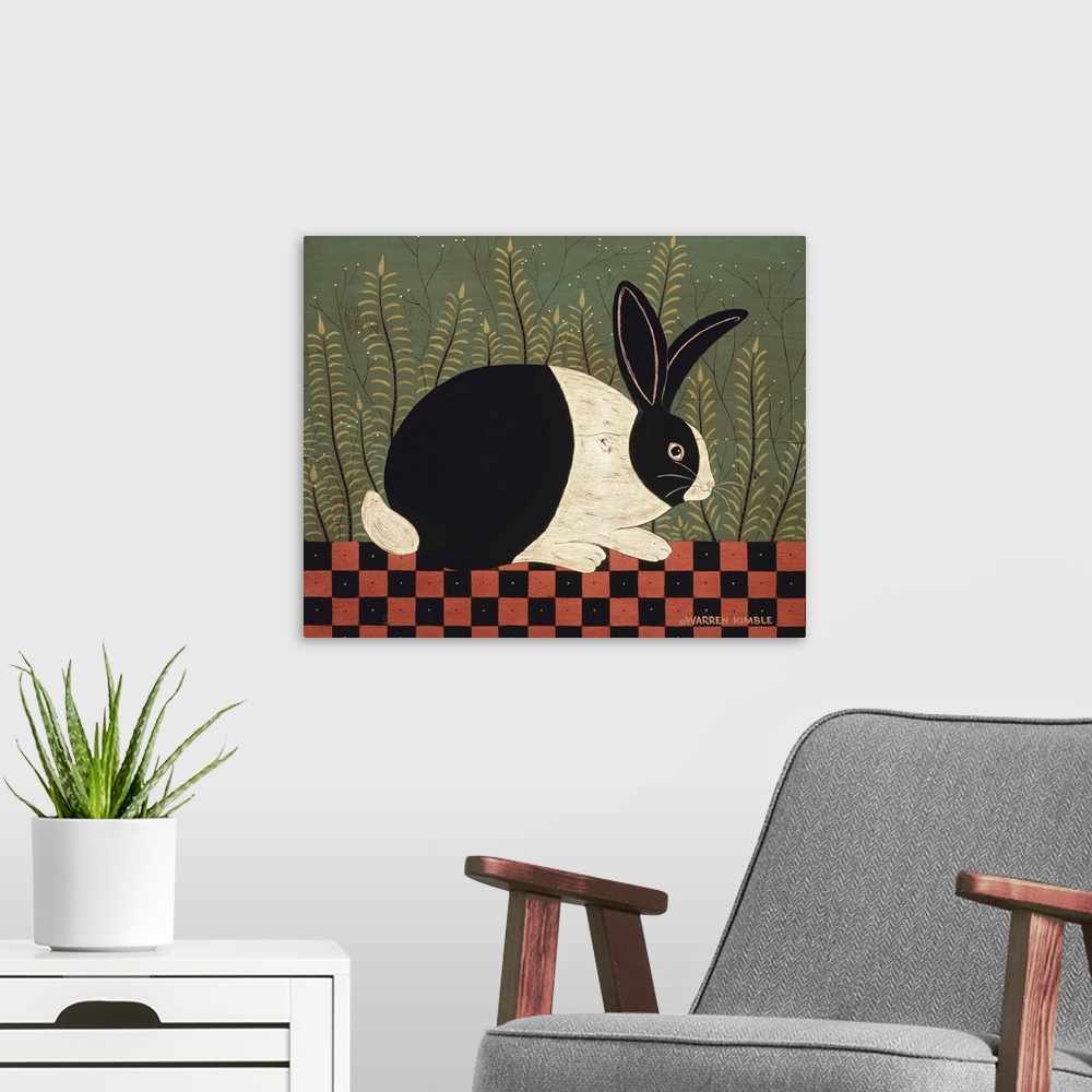 A modern room featuring Americana bunny scene by renowned folk artist Warren Kimble