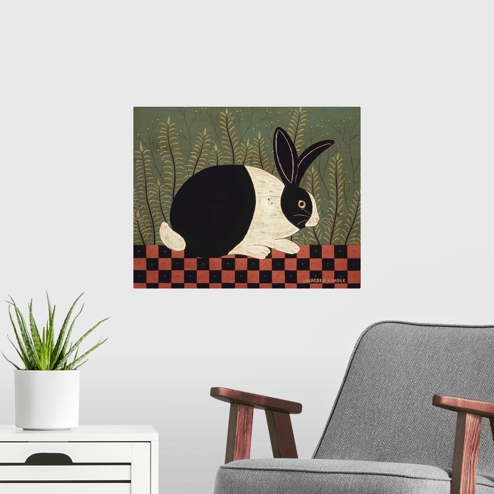A modern room featuring Americana bunny scene by renowned folk artist Warren Kimble