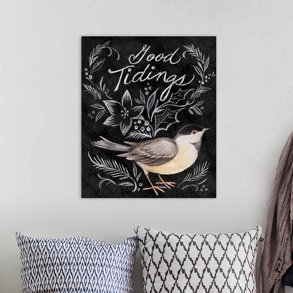 A bohemian room featuring This wonderful chalkboard chickadee makes for a charming winter accent.