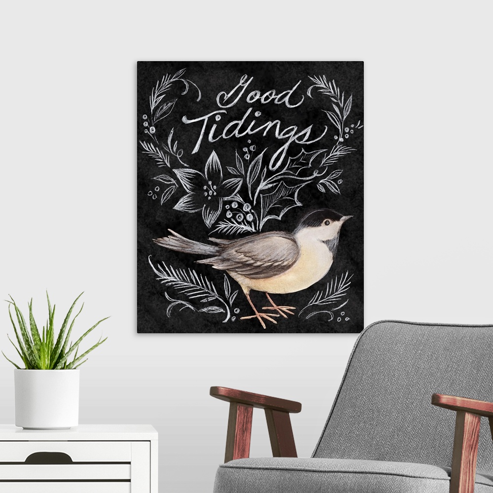 A modern room featuring This wonderful chalkboard chickadee makes for a charming winter accent.