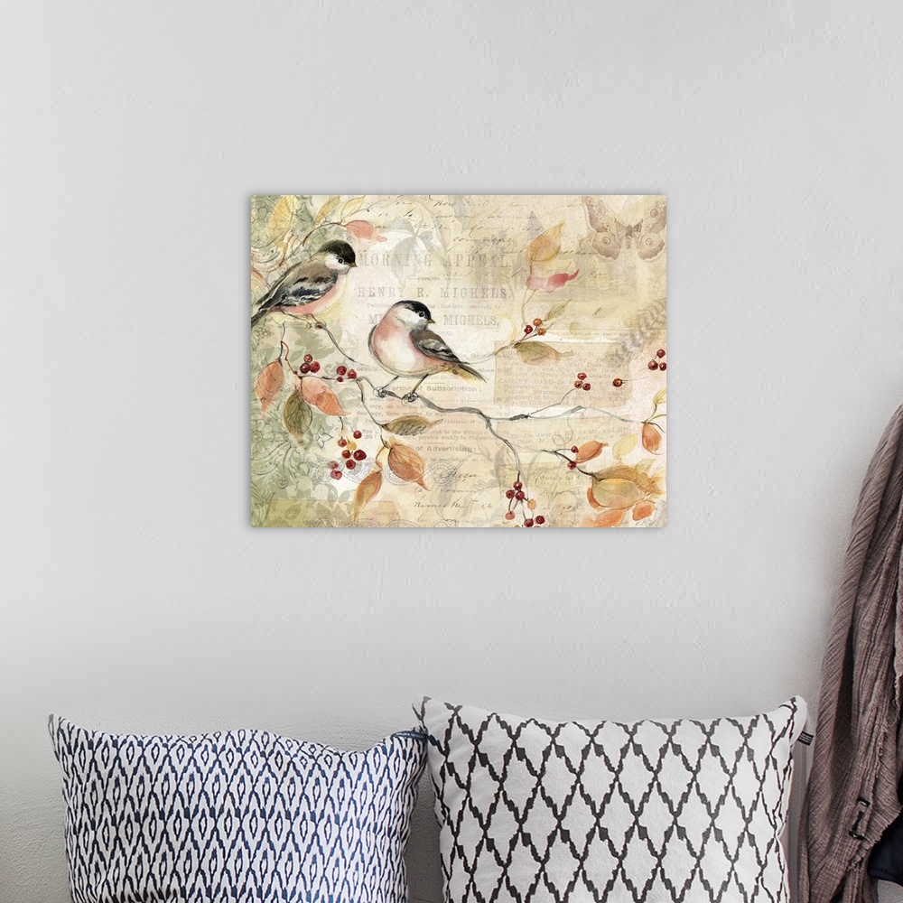 A bohemian room featuring Loose, sketchbook art treatment of the beautiful chickadee is lovely for any decor