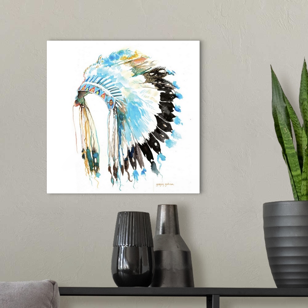 A modern room featuring Traditional Native American headdress in all it's magnificence.
