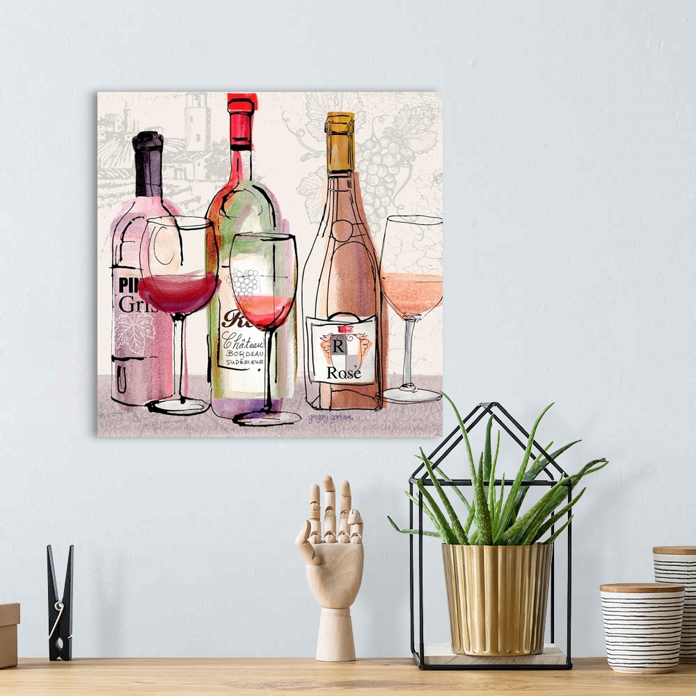 A bohemian room featuring Loosely styled rendering of wine vignette offers casual take on this popular theme.