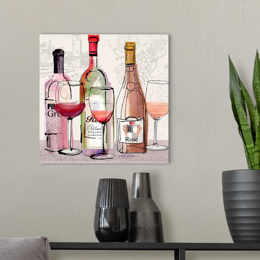 A modern room featuring Loosely styled rendering of wine vignette offers casual take on this popular theme.