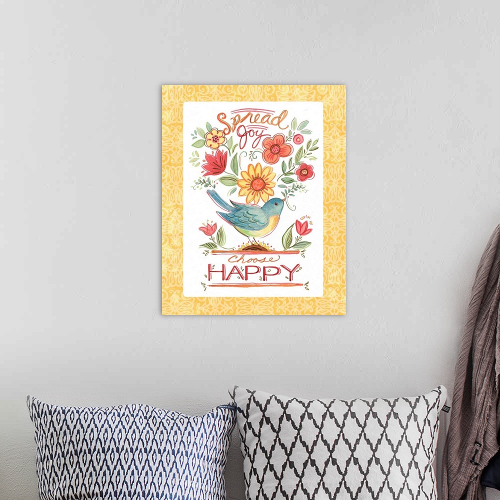 A bohemian room featuring Charming folk-styled art reminds us how to start each day!  Choose Happy!
