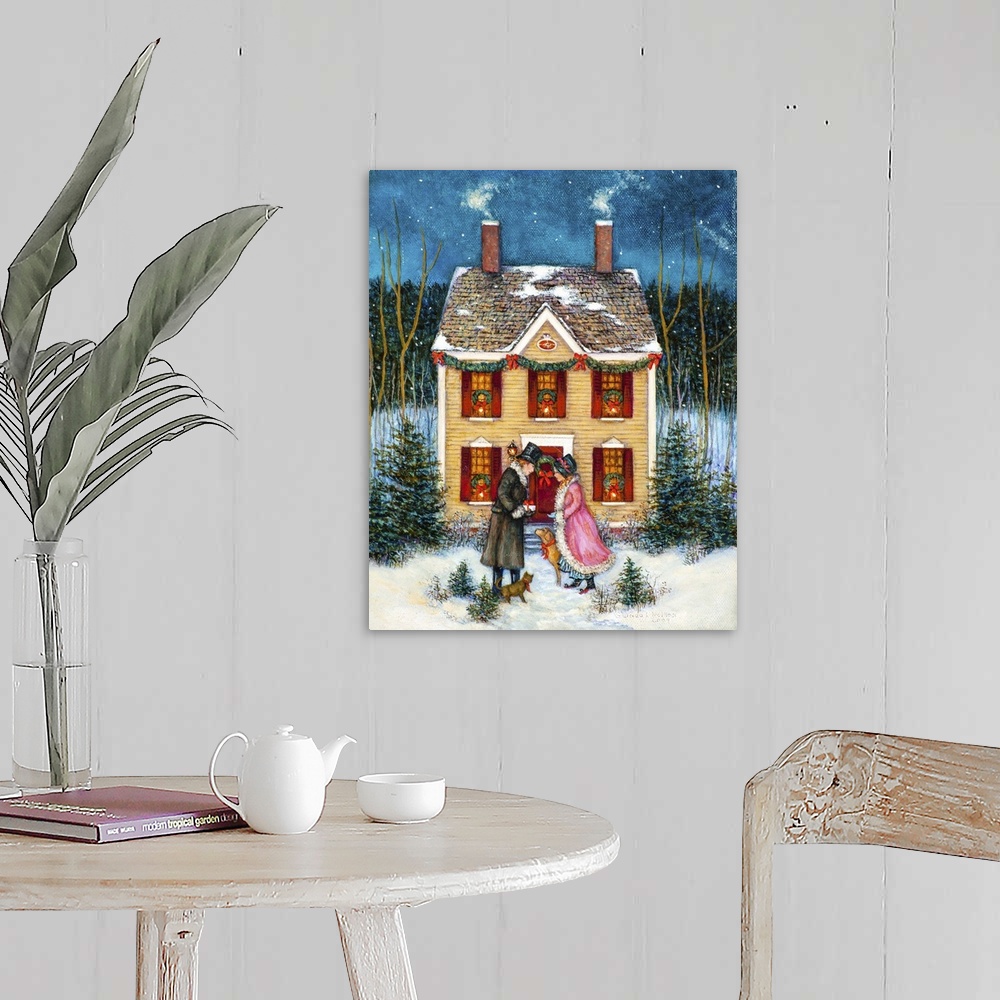 A farmhouse room featuring A contemporary painting of a countryside village scene at Christmas.