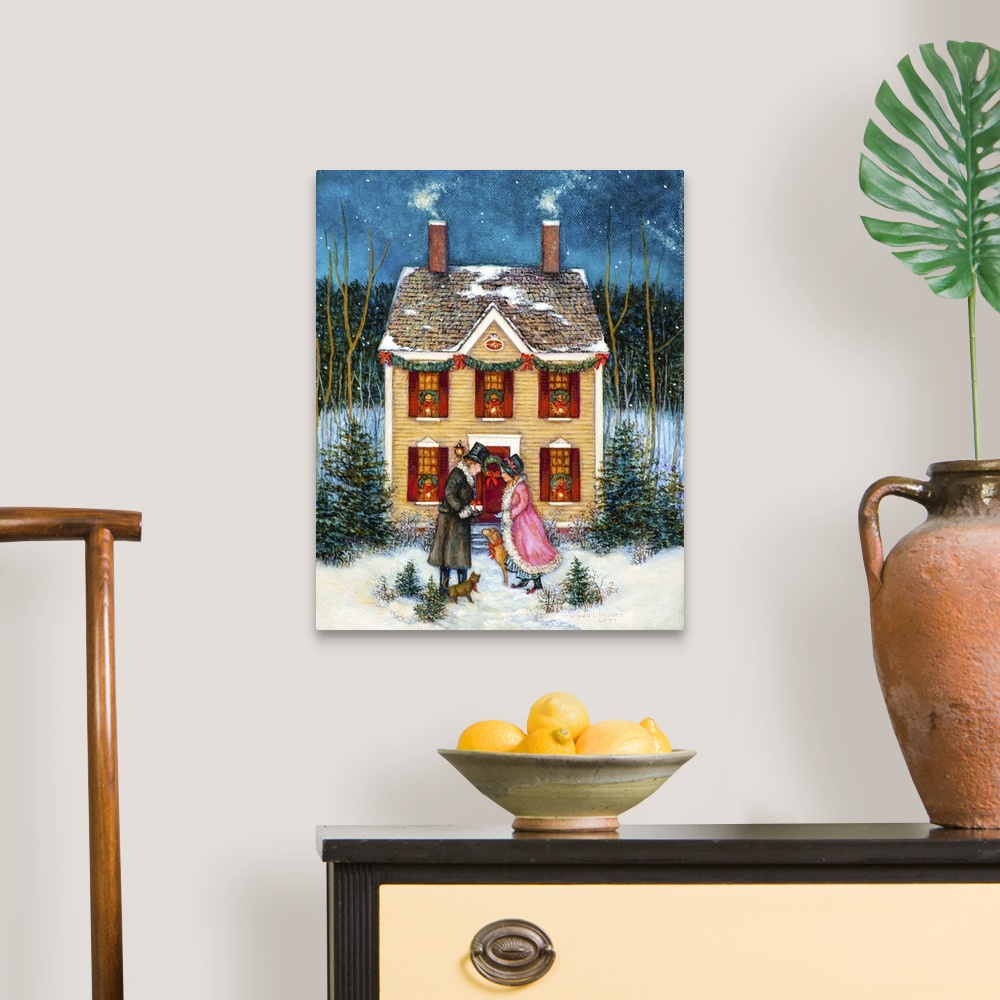 A traditional room featuring A contemporary painting of a countryside village scene at Christmas.