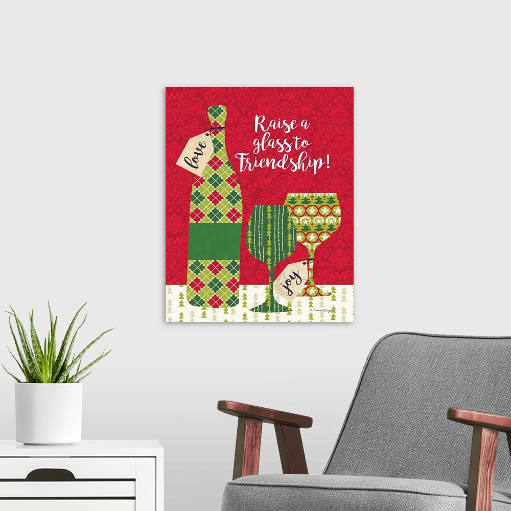 A modern room featuring Bright Christmas colors and wine motifs say a big Cheers to the Holiday!