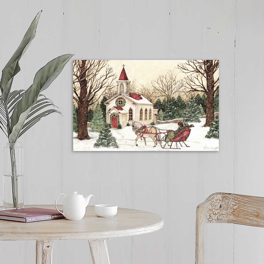 A farmhouse room featuring A vintage Christmas Church scene captures a time past.