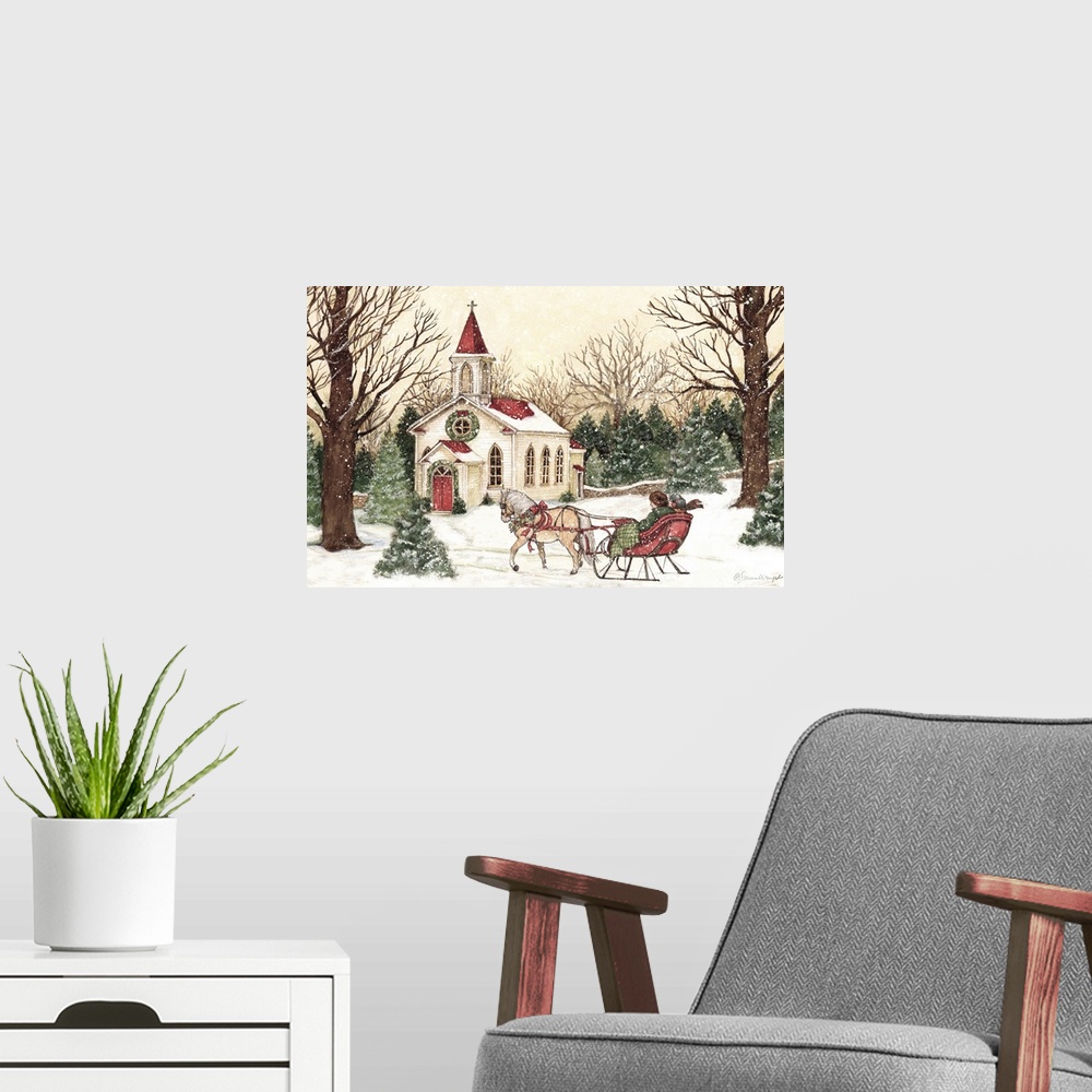 A modern room featuring A vintage Christmas Church scene captures a time past.