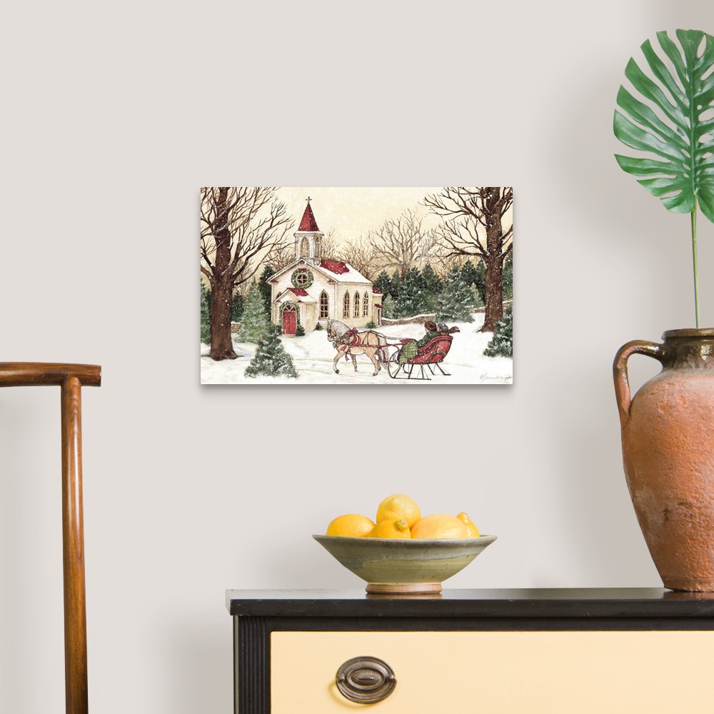 A traditional room featuring A vintage Christmas Church scene captures a time past.