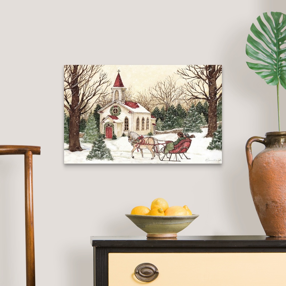 A traditional room featuring A vintage Christmas Church scene captures a time past.
