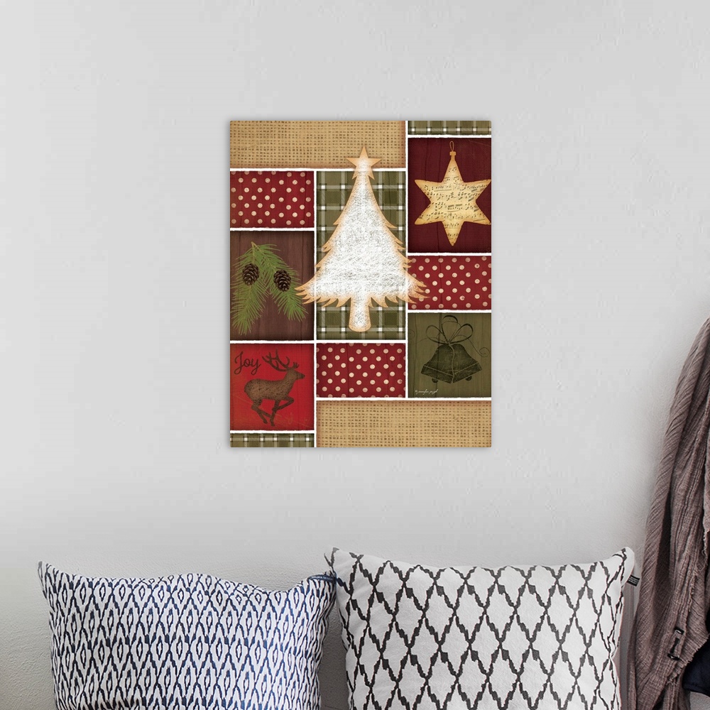 A bohemian room featuring Holiday themed home decor artwork of iconic Christmas images in patchwork tiles.