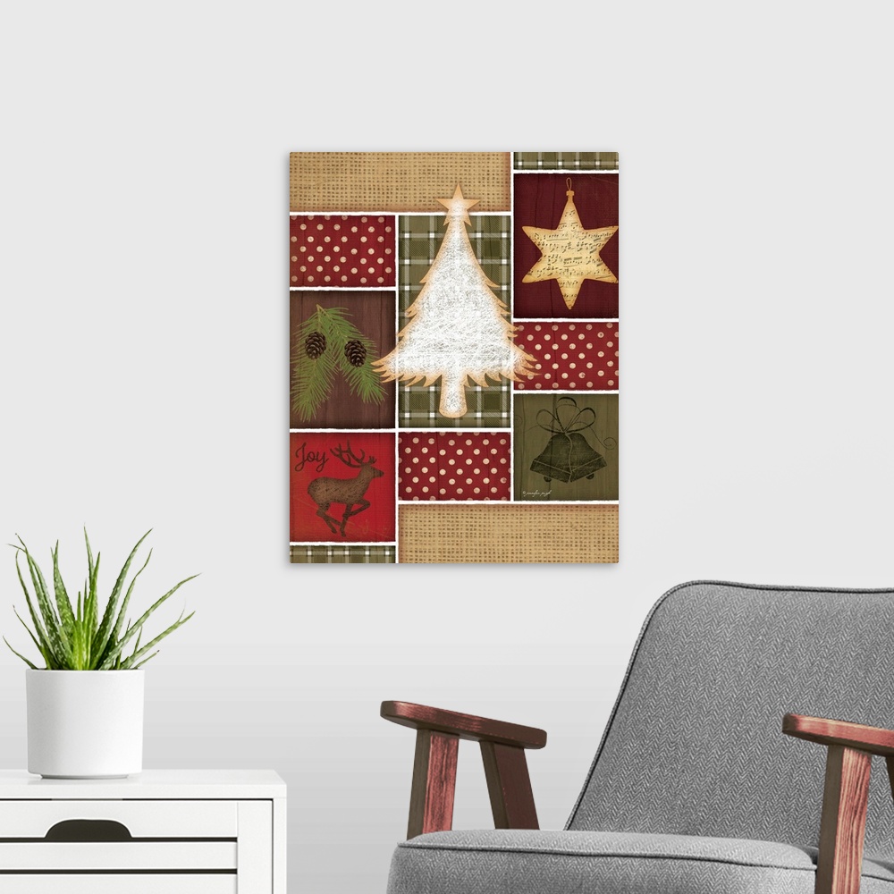 A modern room featuring Holiday themed home decor artwork of iconic Christmas images in patchwork tiles.