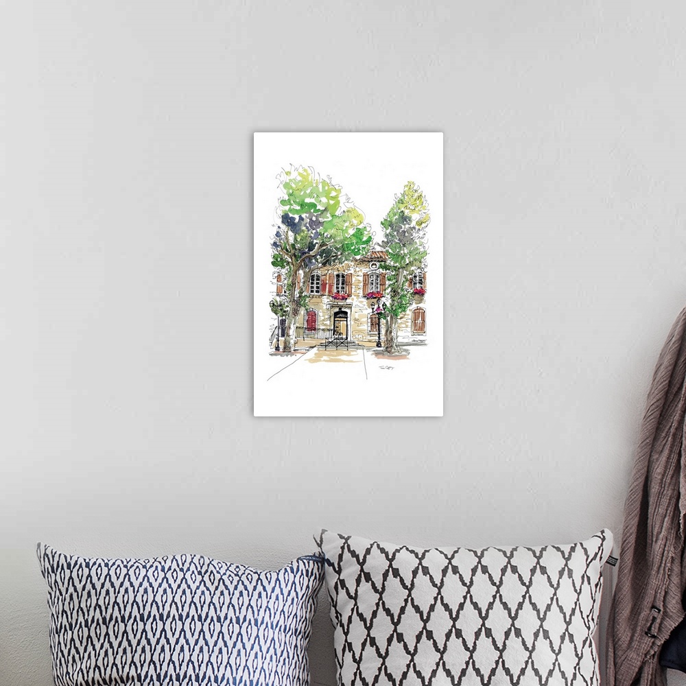A bohemian room featuring A lovely pen and ink rendering of a stately city home