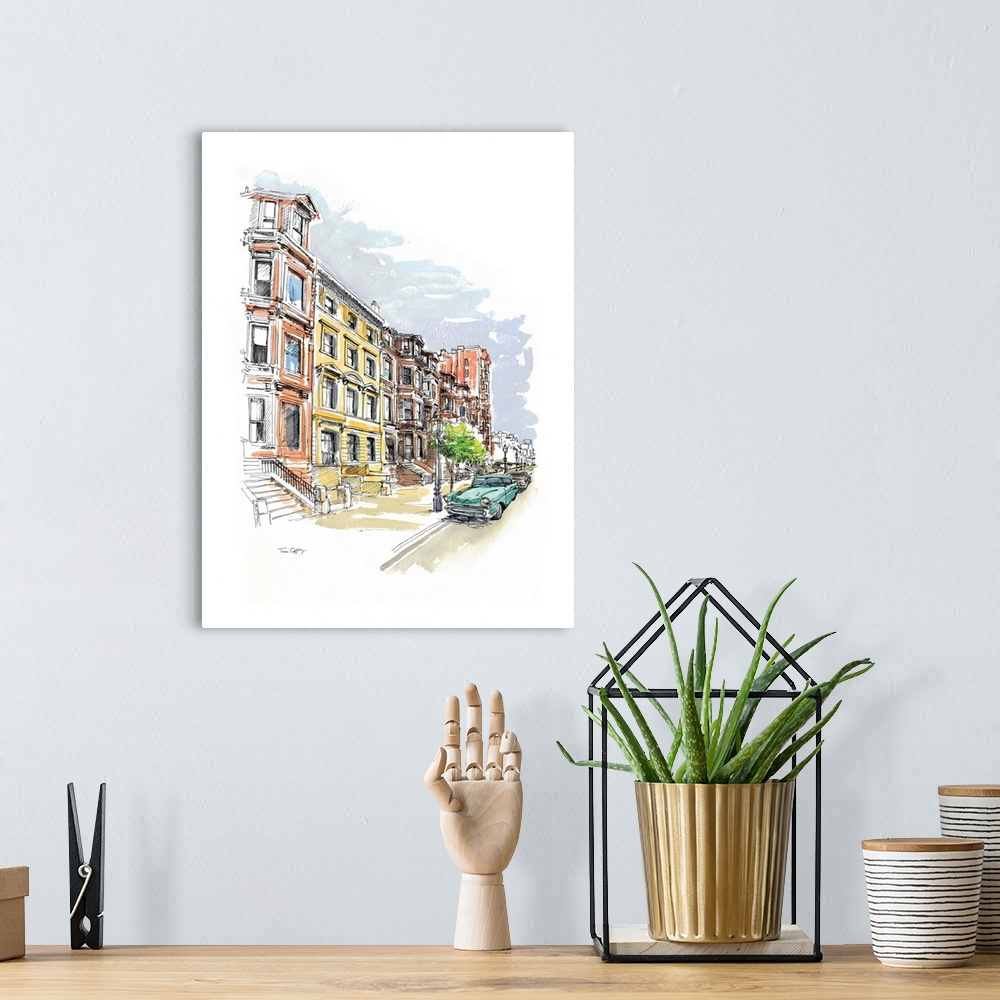 A bohemian room featuring A lovely pen and ink rendering of a throwback city street scene
