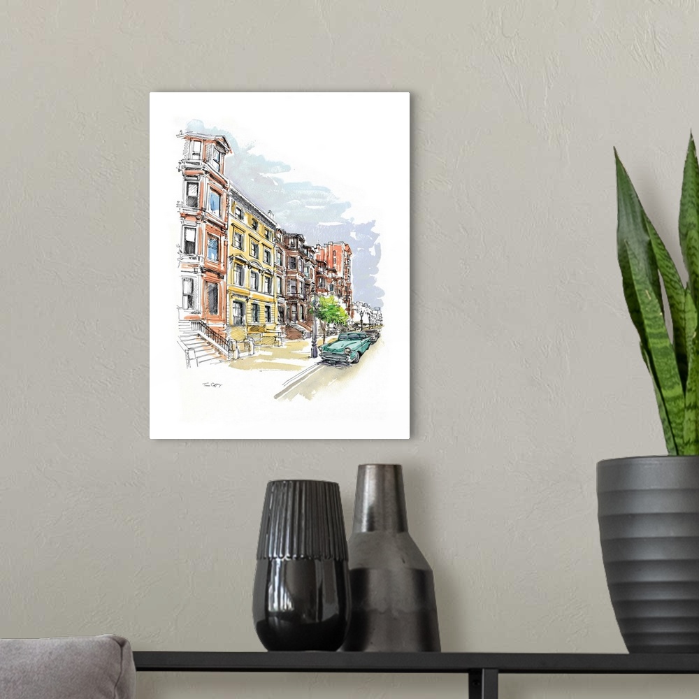 A modern room featuring A lovely pen and ink rendering of a throwback city street scene