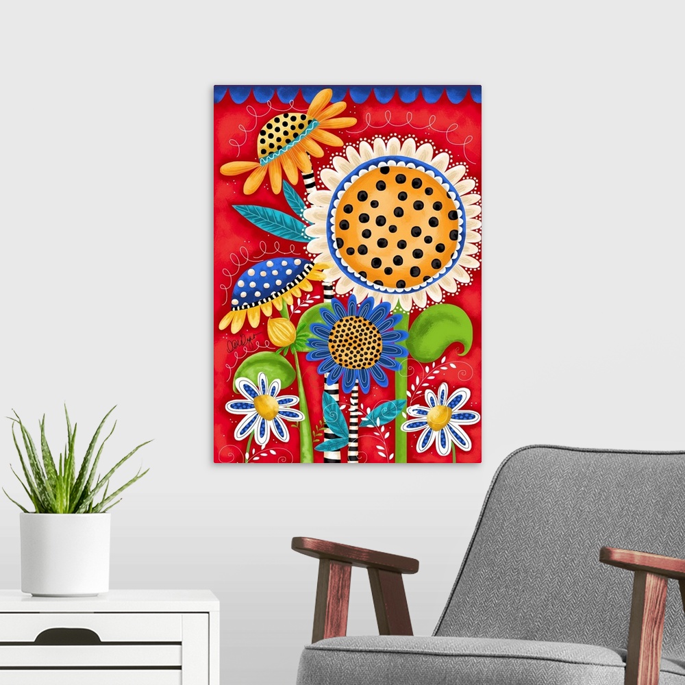 A modern room featuring Bright, bold sunflowers add an impact to any decor.