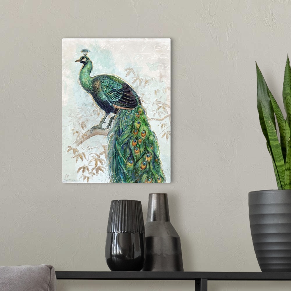 A modern room featuring The elegant peacock shows its plumage in this stunning depiction.