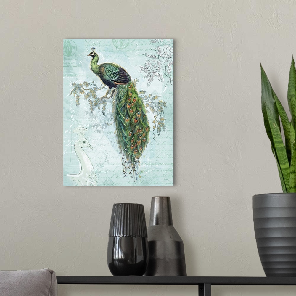 A modern room featuring The elegant peacock shows its plumage in this stunning depiction.