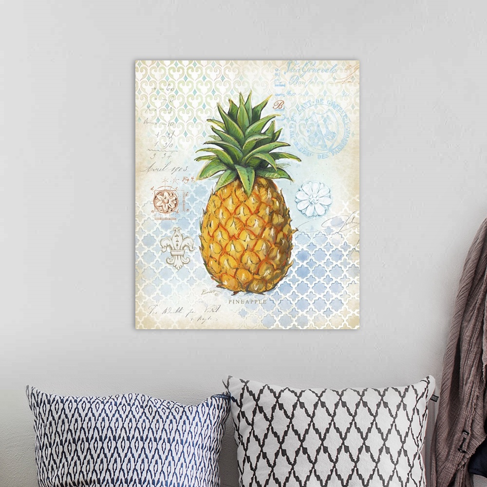 A bohemian room featuring Classic treatment of the lovely pineapple, fine art look for any decor style.