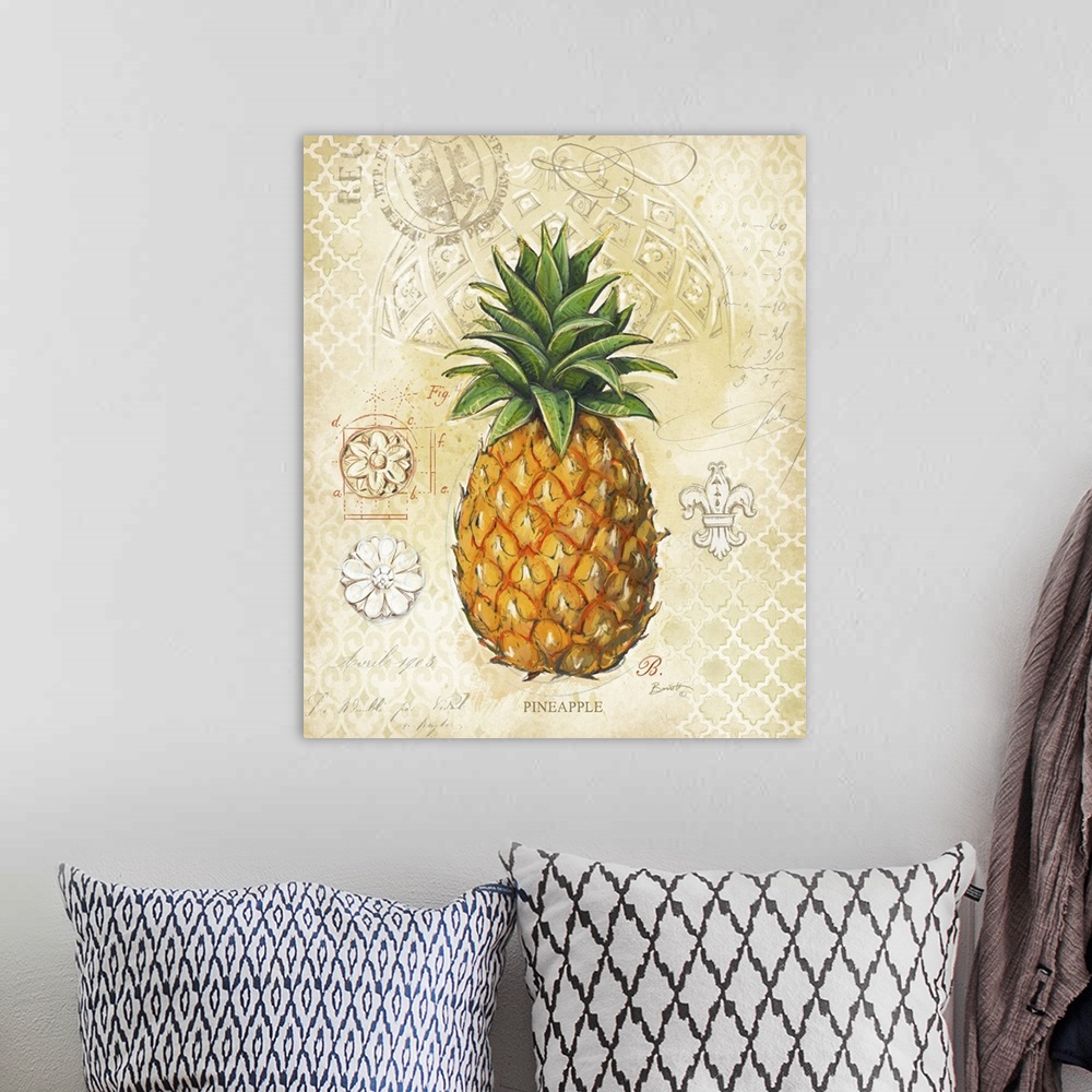 A bohemian room featuring Classic treatment of the lovely pineapple, fine art look for any decor style.