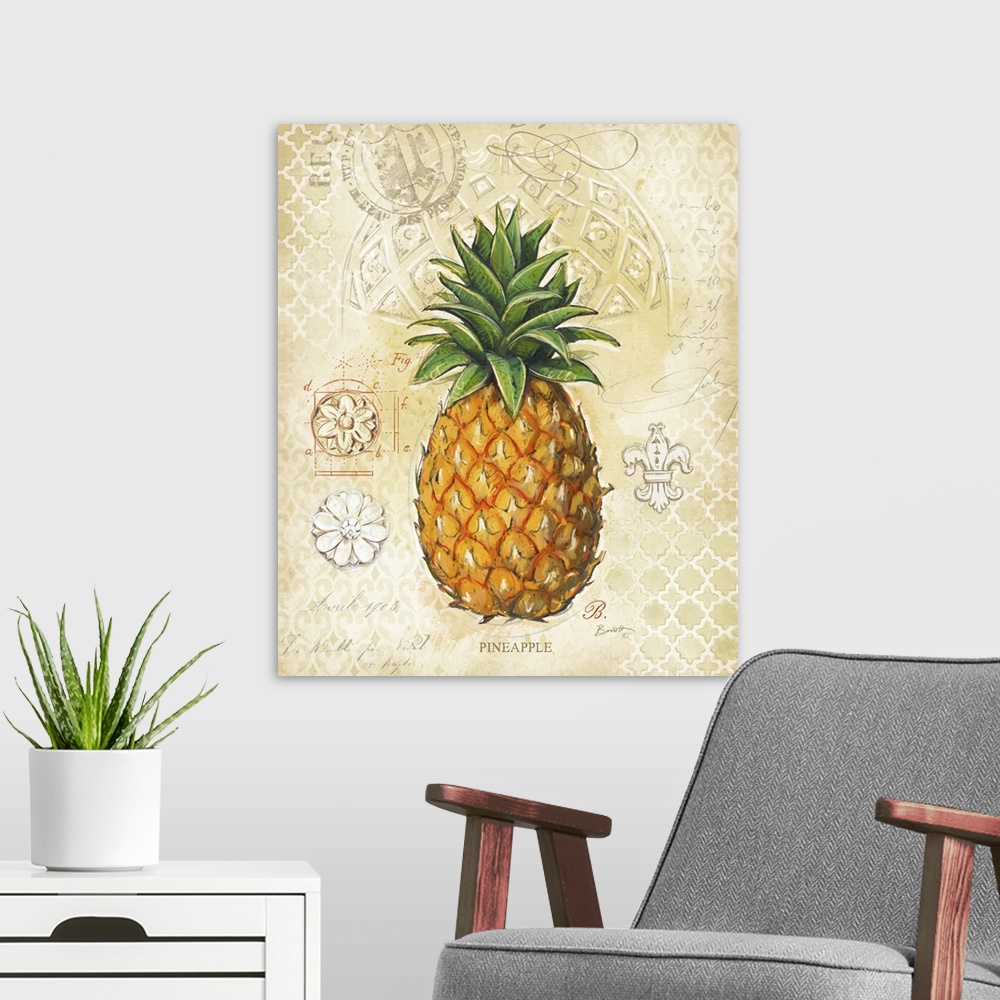 A modern room featuring Classic treatment of the lovely pineapple, fine art look for any decor style.