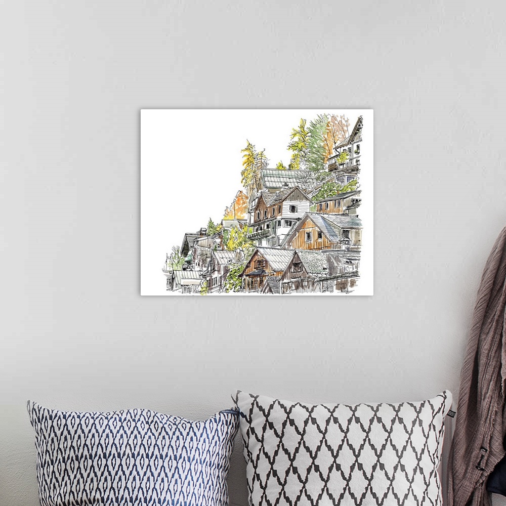 A bohemian room featuring A lovely pen and ink depiction of a European cliffside village