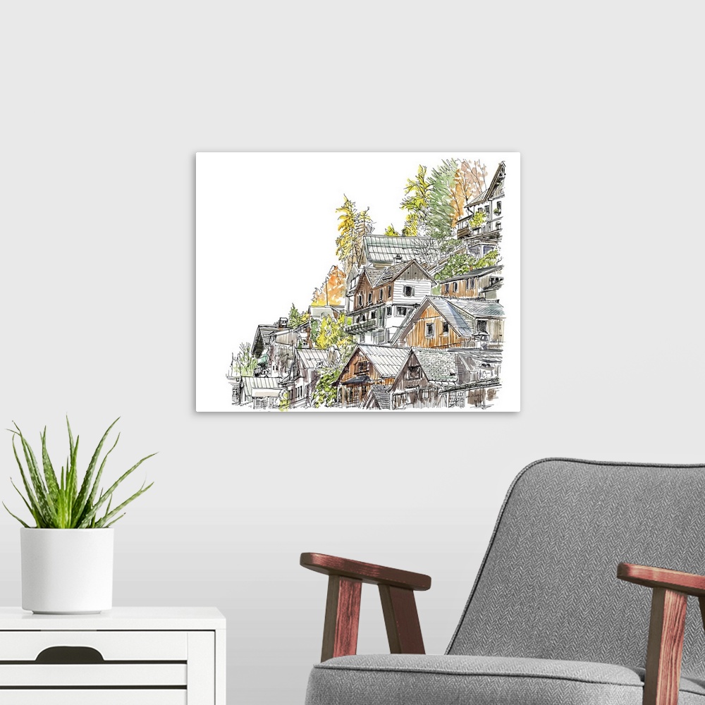 A modern room featuring A lovely pen and ink depiction of a European cliffside village