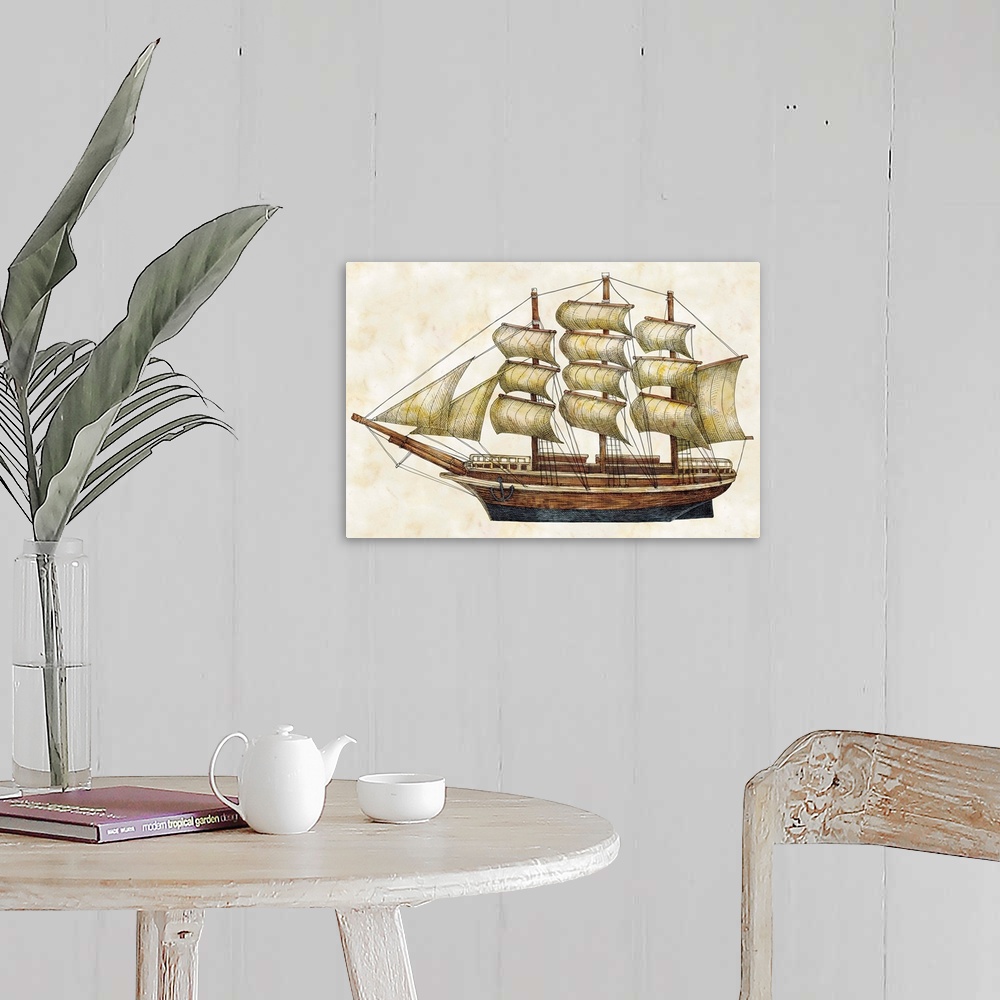 A farmhouse room featuring Classic nautical art adds historical elegance to den, study, and more.