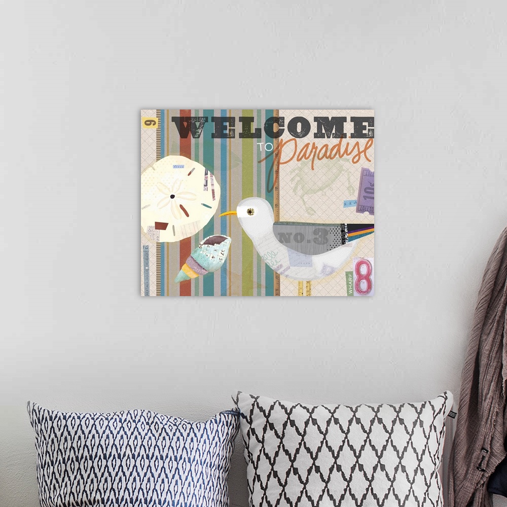 A bohemian room featuring Collage take on familiar coastal motifs, in a quirky wonderfly style